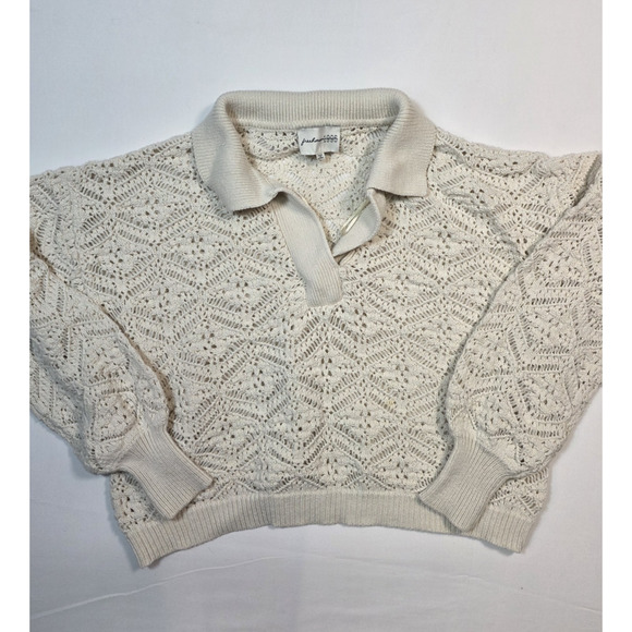 Freshman 1996 Crochet Polo Sweater L Open Knit Grannycore Cottage Boho Neutral - Picture 3 of 9